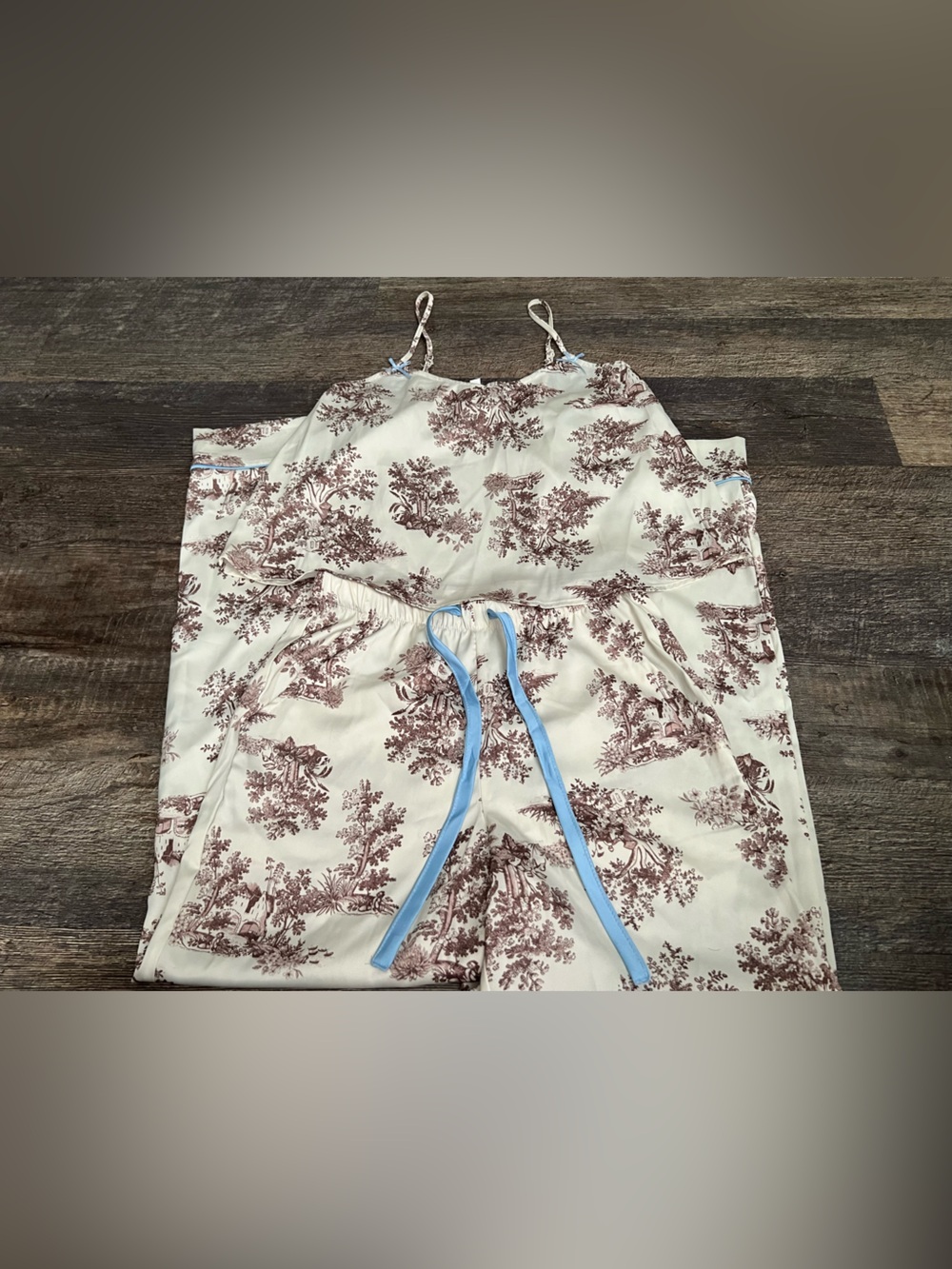 Pink Rose Cream Pajama Set with Brown Toile Print